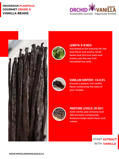 Indonesian Vanilla (Sumatra) Planifolia Gourmet Grade-A Beans<br>For Extract And Baking<BR>By Ounce