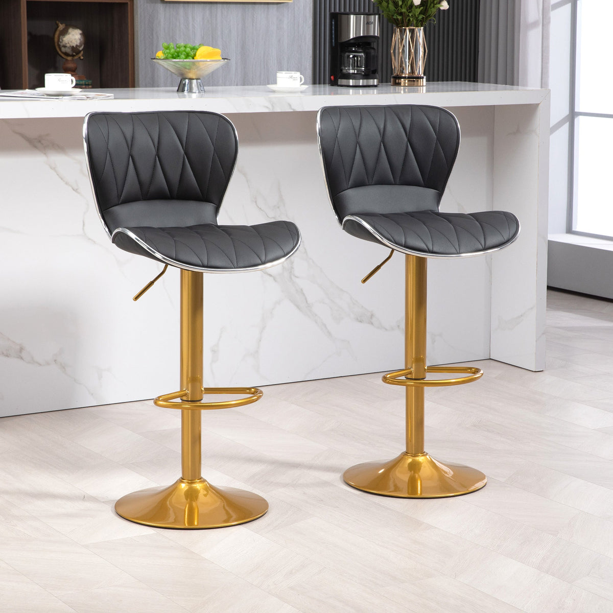 Maxi Counter Height Bar Stools Set of 2-Adjustable Height and Swivel Seat-Black/Gold