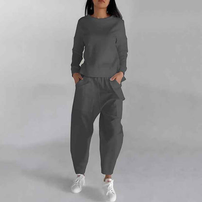 Fashion Women's Lounge Set – Solid Color Pullover Top and Wide Leg Trousers