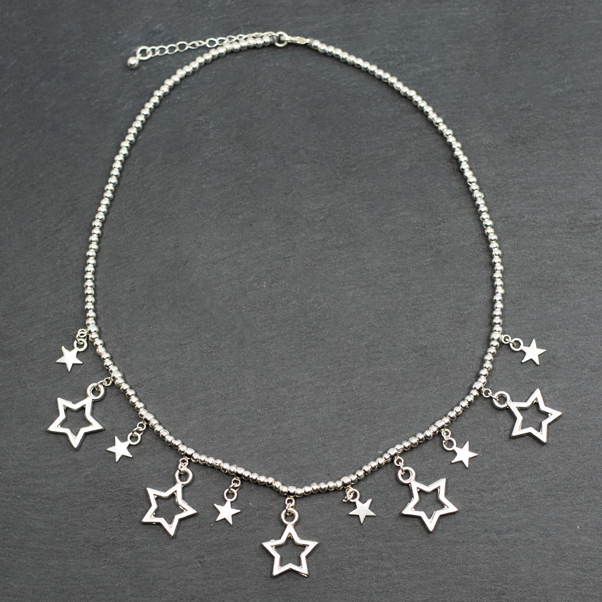 Silver Plate Short Charm Necklace With Drop Stars