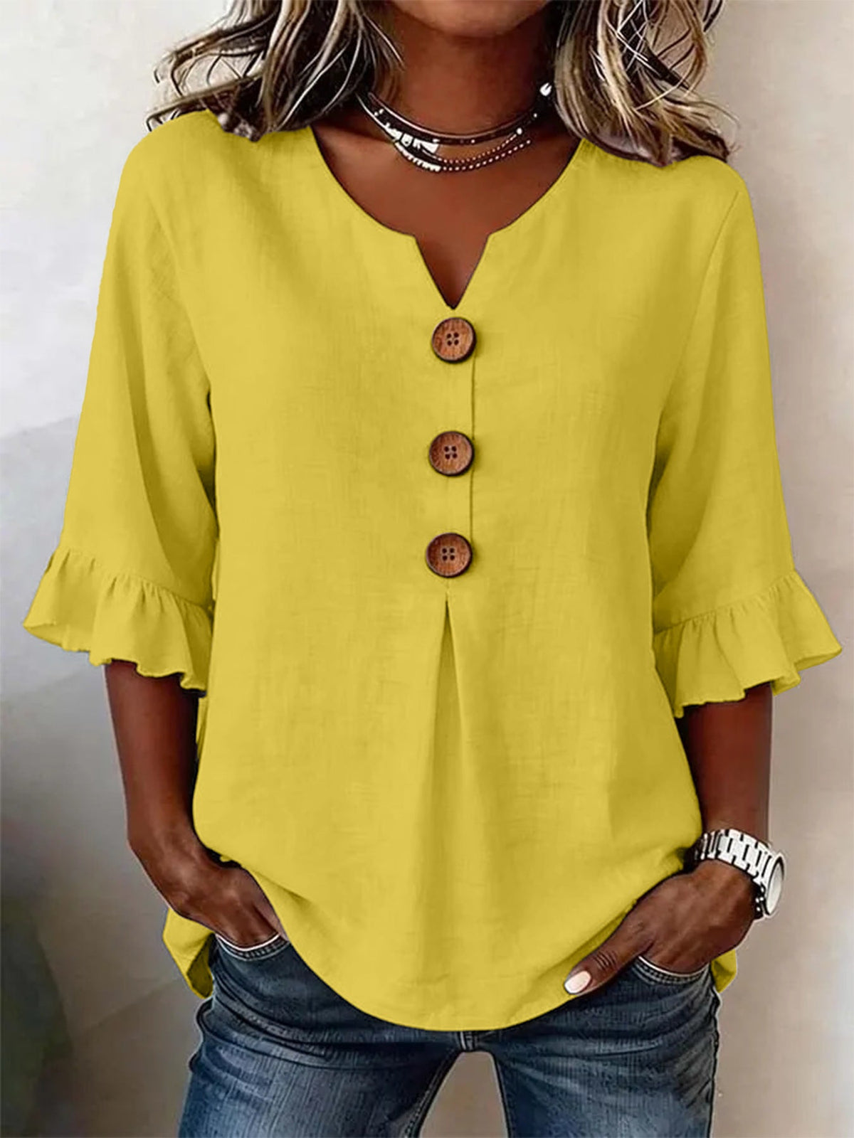 Summer Ruffled-Sleeve Top Loose Casual V-Neck Buttons Short-sleeved Shirts Women's Clothing