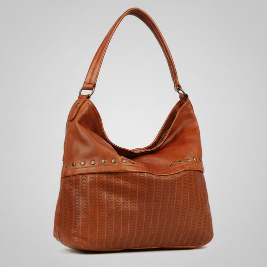 MET Premium Leather Handbag. Studded Hobo Tote with Artisan Scallop Embossing