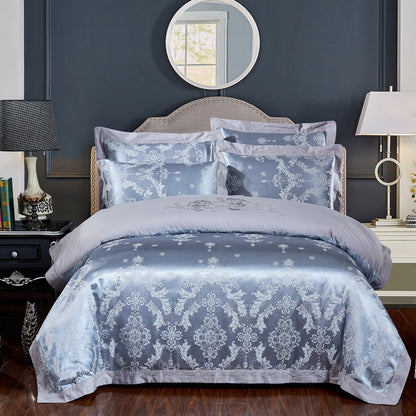 4-Piece Cotton Jacquard Bedding Set – Embroidered Floral Wedding Duvet Cover & Sheet Set
