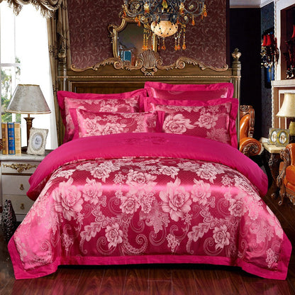 4-Piece Cotton Jacquard Bedding Set – Embroidered Floral Wedding Duvet Cover & Sheet Set
