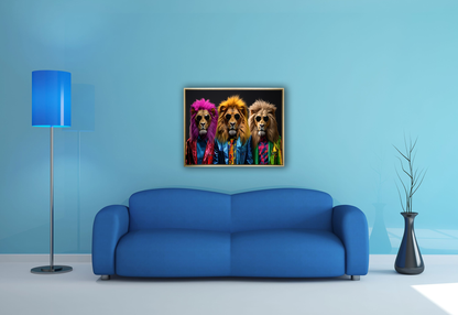Décoration murale Faune sauvage - Les trois lions cools - Impression sur toile - Vernis doré
