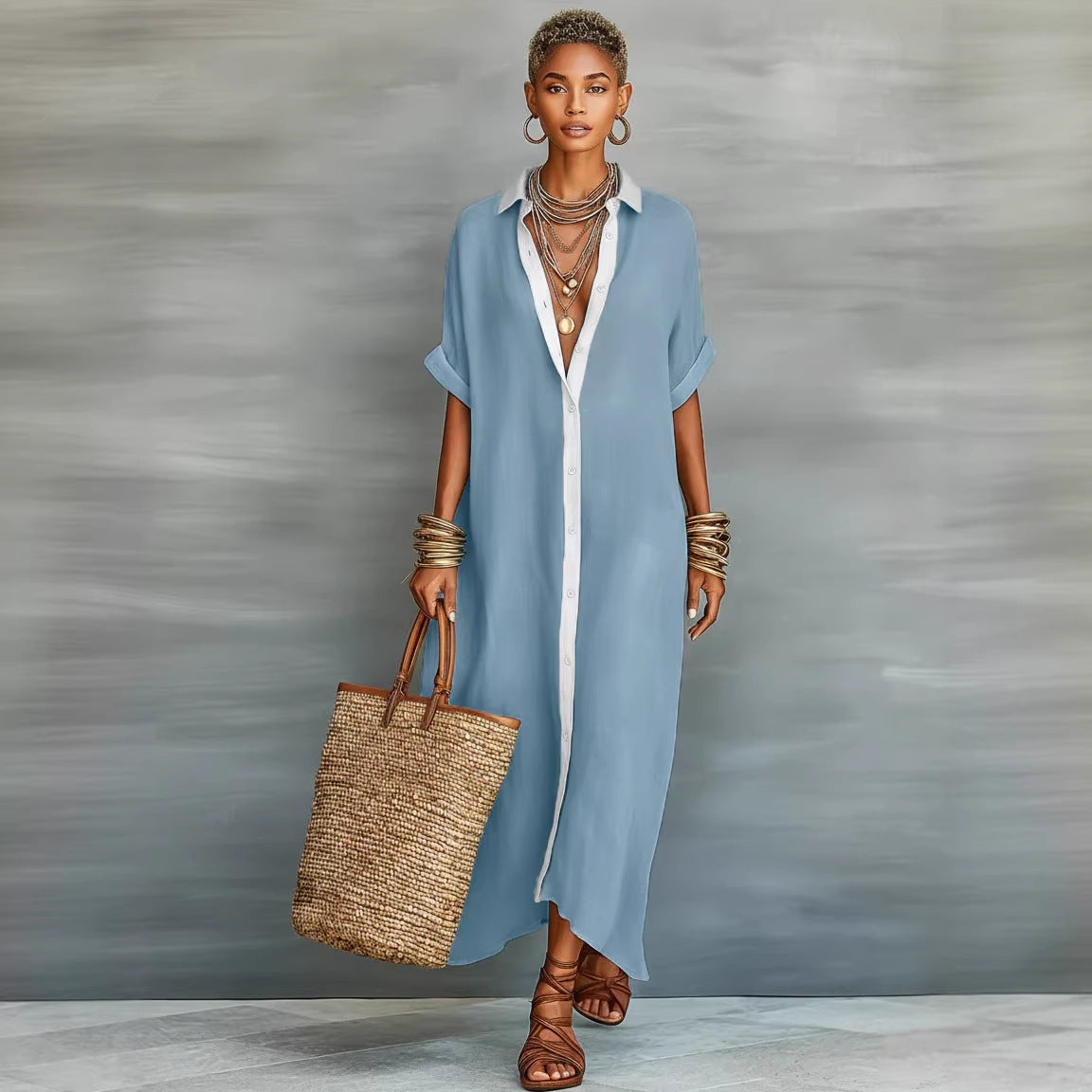 Women’s Summer Short-Sleeve Shirt Dress – Lapel Collar Button-Front Maxi Dress