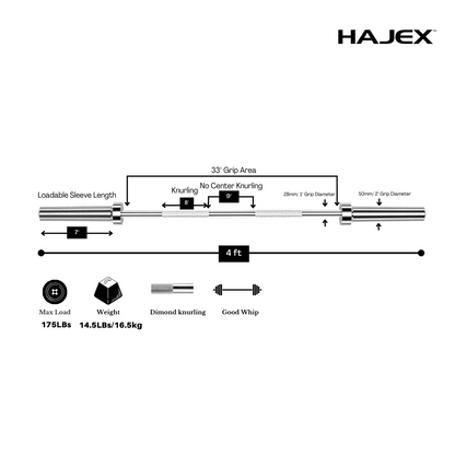 Barres d'haltères olympiques et standard HAJEX 4 pieds, 5 pieds, 6 pieds et 7 pieds