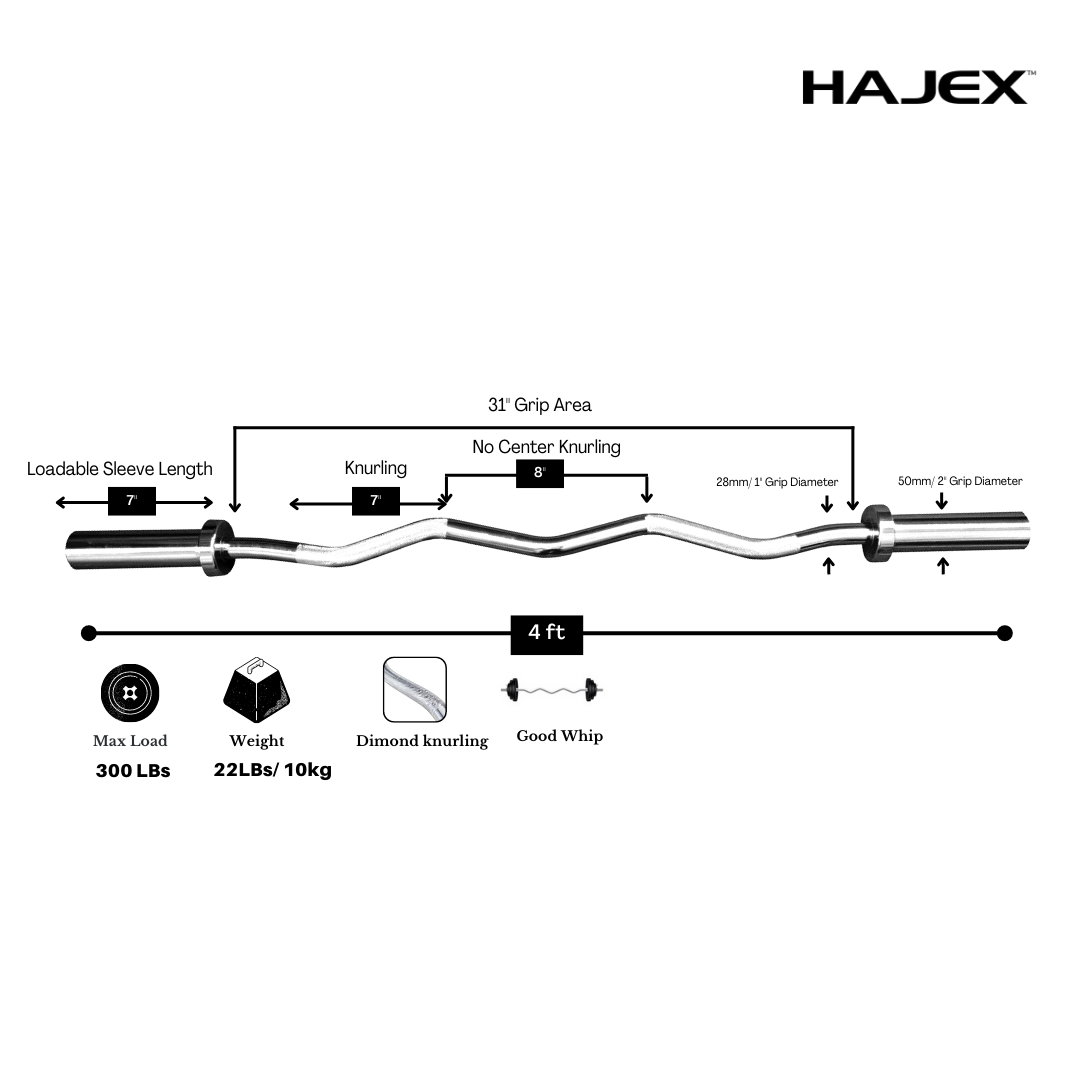 Barres d'haltères olympiques et standard HAJEX 4 pieds, 5 pieds, 6 pieds et 7 pieds