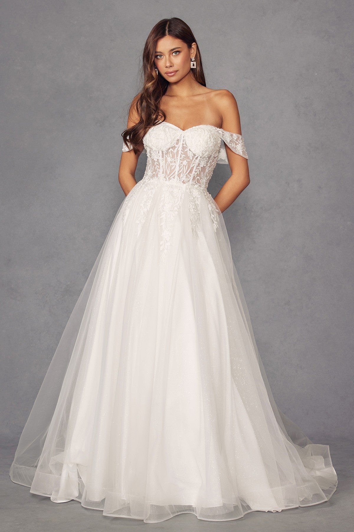 Off-Shoulder Wedding Gown with floral appliqué
