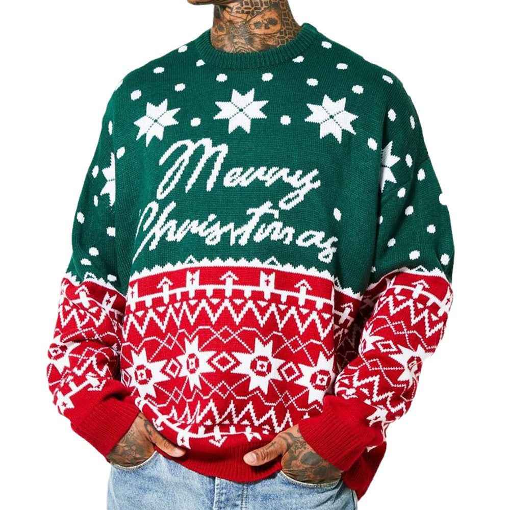 Men's Christmas Crew Neck Sweater – Loose Fit Knit Pullover for Fall & Winter