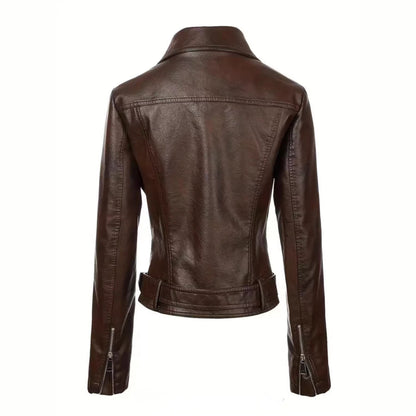 Women’s Short Leather Biker Jacket – Lapel Collar Motorcycle-Style Slim-Fit Coat
