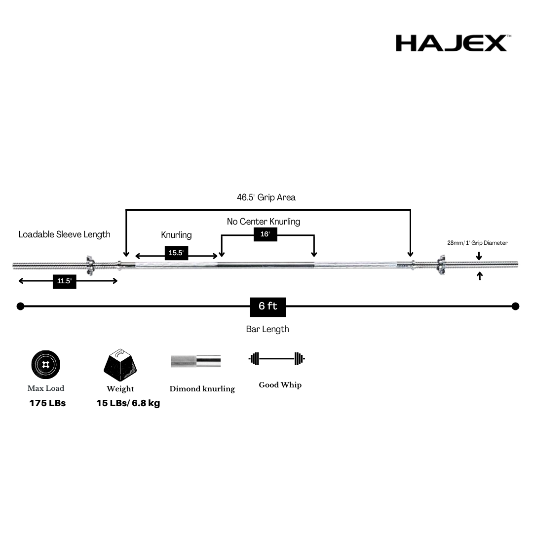 Barres d'haltères olympiques et standard HAJEX 4 pieds, 5 pieds, 6 pieds et 7 pieds