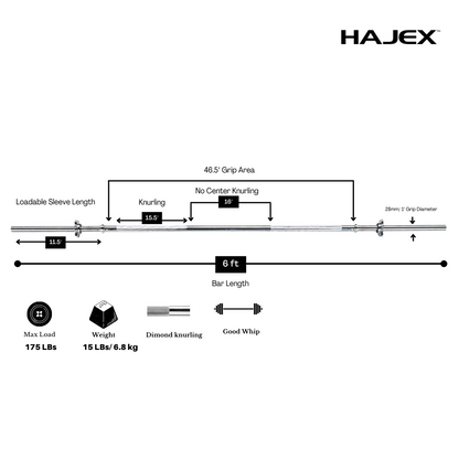 Barres d'haltères olympiques et standard HAJEX 4 pieds, 5 pieds, 6 pieds et 7 pieds