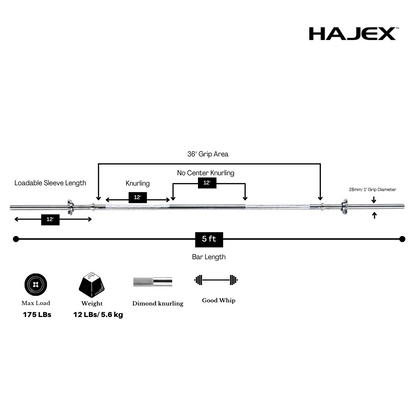 Barres d'haltères olympiques et standard HAJEX 4 pieds, 5 pieds, 6 pieds et 7 pieds