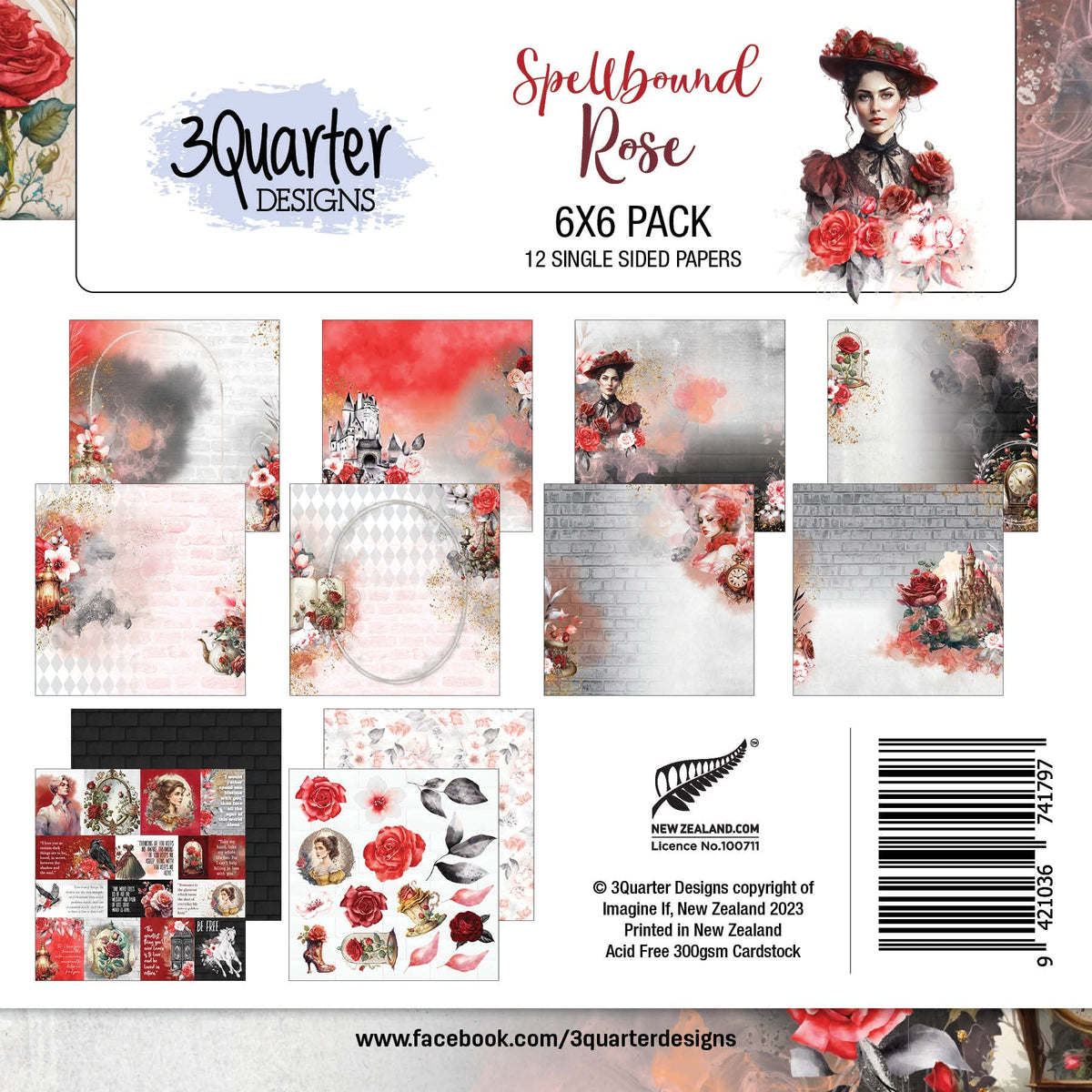 Pack de 6 papiers Spellbound Rose 15x15 cm