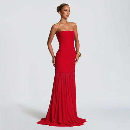 Women's Sleeveless Chiffon Tube Top Dress With Ribbons – Elegant Floor-Length Dress