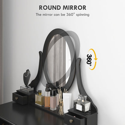 Emma Vanity Desk with Padded Stool and 360° Rotating Oval Mirror-Black