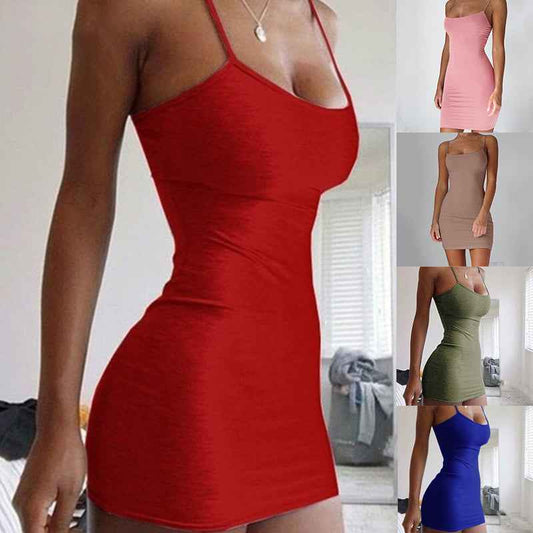 Pure Color Simple Hanging Neck Tight-Fit Dress – Women's Sleeveless Bodycon Slip Dress