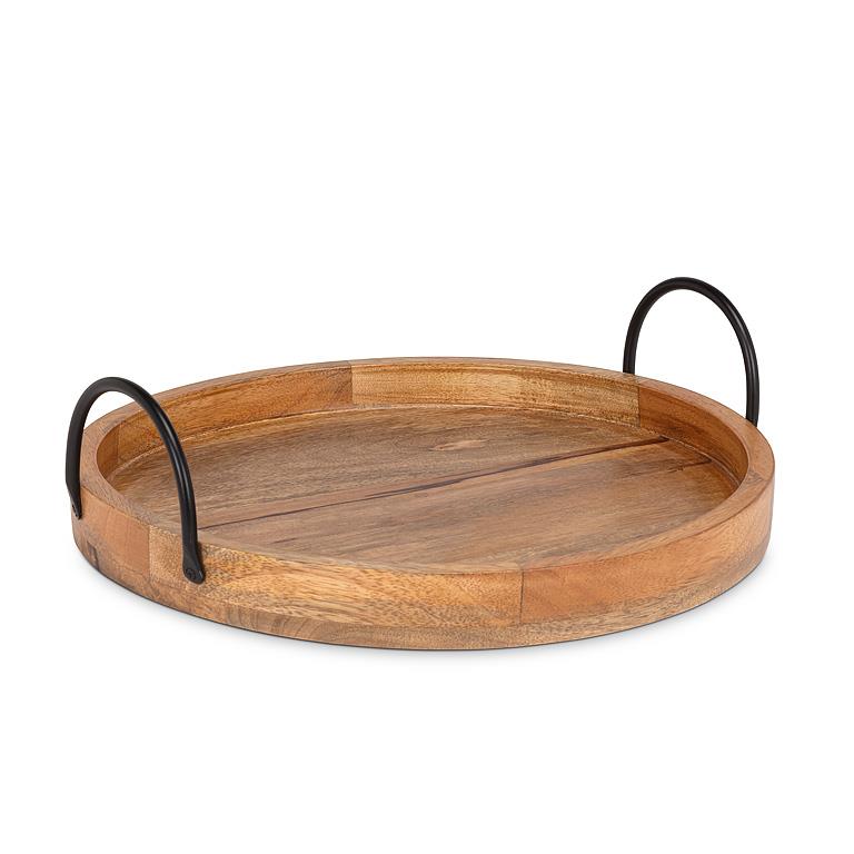 Round Serving Tray - 14" Mangowood with Metal Handles