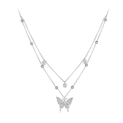 Collier pendentif papillon à double couche en argent sterling 925 pour femme - Bijoux fins élégants
