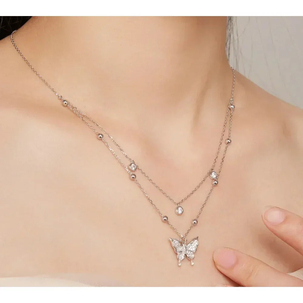 Collier pendentif papillon à double couche en argent sterling 925 pour femme - Bijoux fins élégants