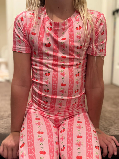 Pantalon de pyjama nœuds fraises et cerises roses pour enfants