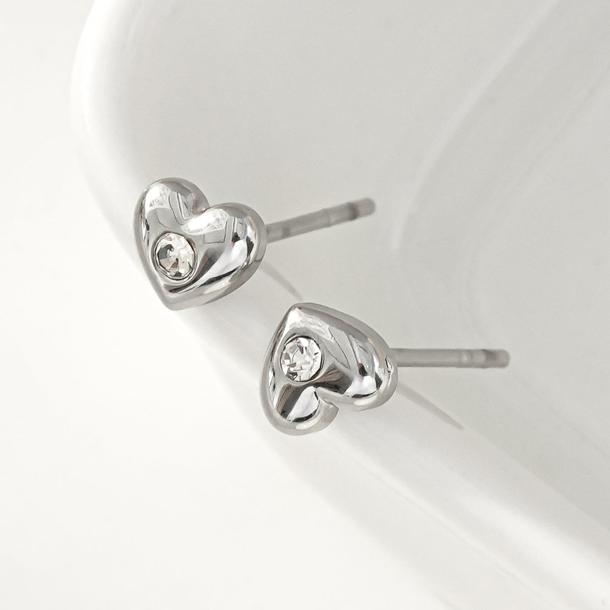 ADORE: Puffy Silver Heart Shaped Solitaire Zirconia (CZ) Stud Earrings