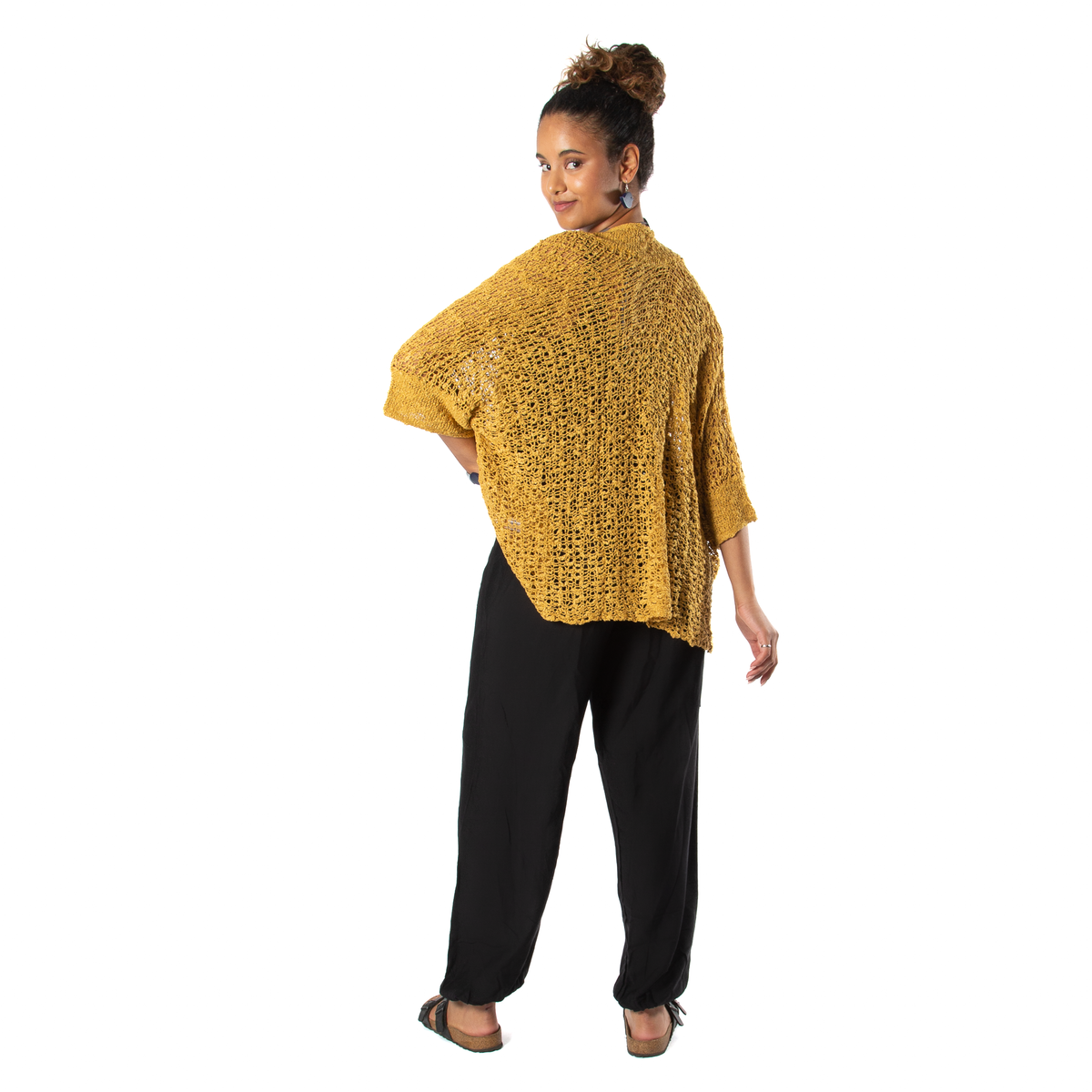 Popcorn Knit Short Sleeve Cardigan -  Mustard