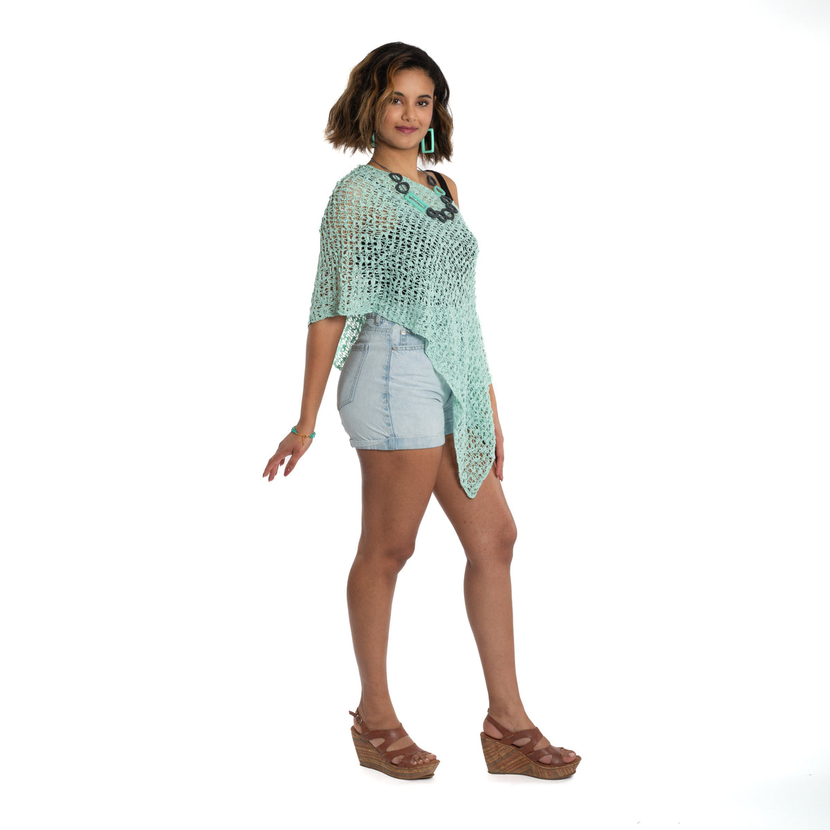 Short Popcorn Knit Poncho - Mint