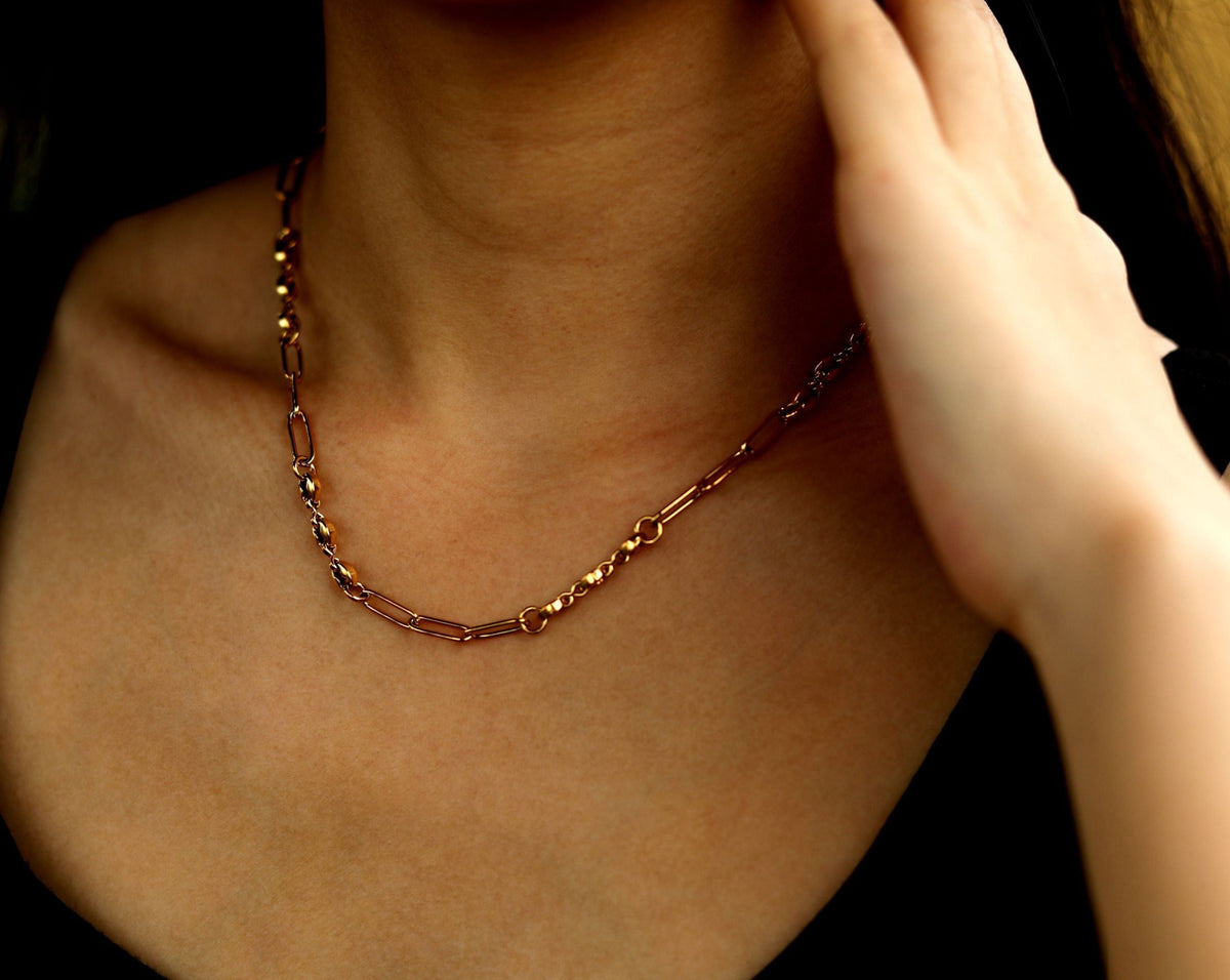 AMMA Gold : Collier chaîne trombone et perles ovales