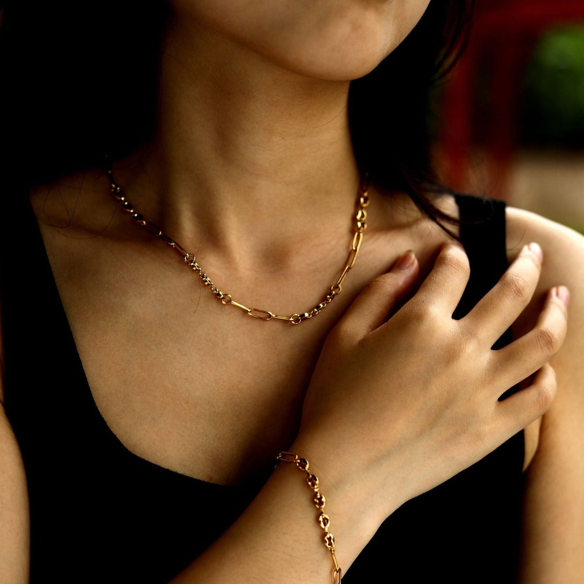 AMMA Gold : Collier chaîne trombone et perles ovales