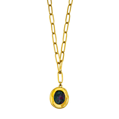 ASAMI Gold: Contemporary Paperclip Chain anchoring a Ruby Zoisite Oval Pendant