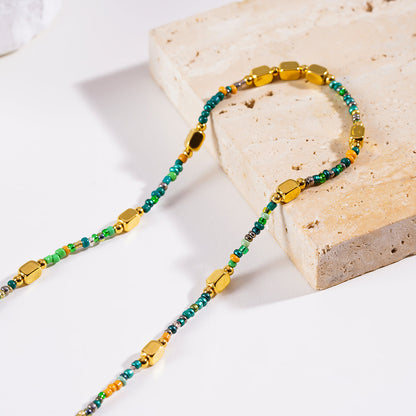 Style AYESHA : Collier chaîne bohème élégant orné de perles en cristal et de perles dorées