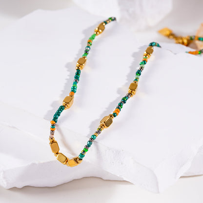 Style AYESHA : Collier chaîne bohème élégant orné de perles en cristal et de perles dorées