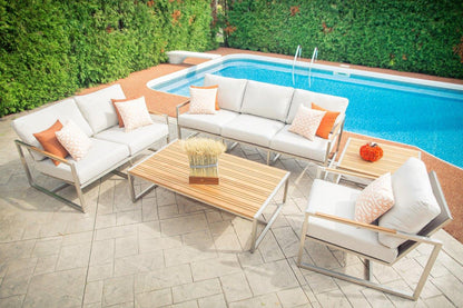 Table basse d'extérieur Acacia avec plateau en teck et acier inoxydable