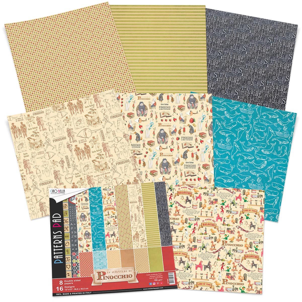 Ciao Bella Avventure Di Pinocchio Bloc de motifs 30,5 x 30,5 cm 8 feuilles/paquet