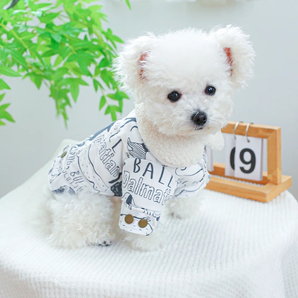 Manteau pour chien imprimé Sketch | Manteau chaud pour chien avec bordure en fourrure