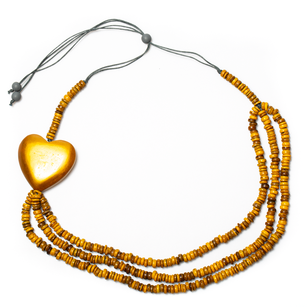 Triple Strand Coconut Bead & Wooden Heart Necklace