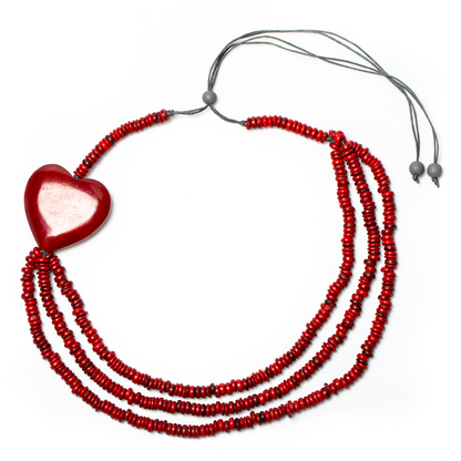 Triple Strand Coconut Bead & Wooden Heart Necklace