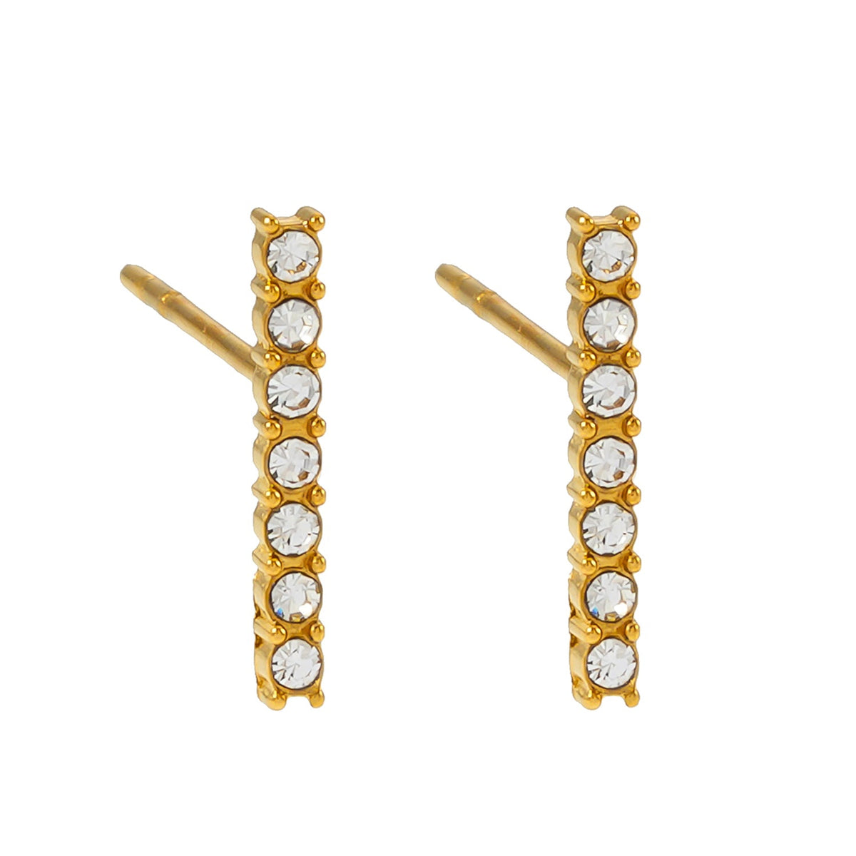 BIHAR : Boucles d'oreilles clous minimalistes en forme de barre, serties d'oxydes de zirconium pavé, en plaqué or.