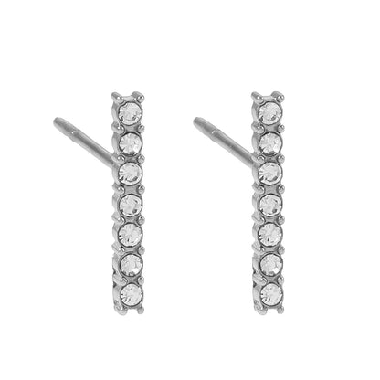 BIHAR : Puces d'oreilles minimalistes en forme de barre, pavées de zirconiums, en or blanc (tonalité argent)
