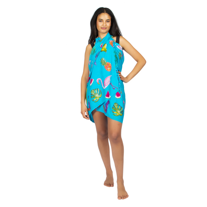 Flamingo & Fruit Print Sarong - Blue