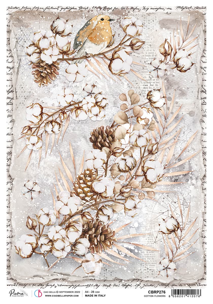 Papier de riz A4 Fleurs de coton Piuma - 5 feuilles