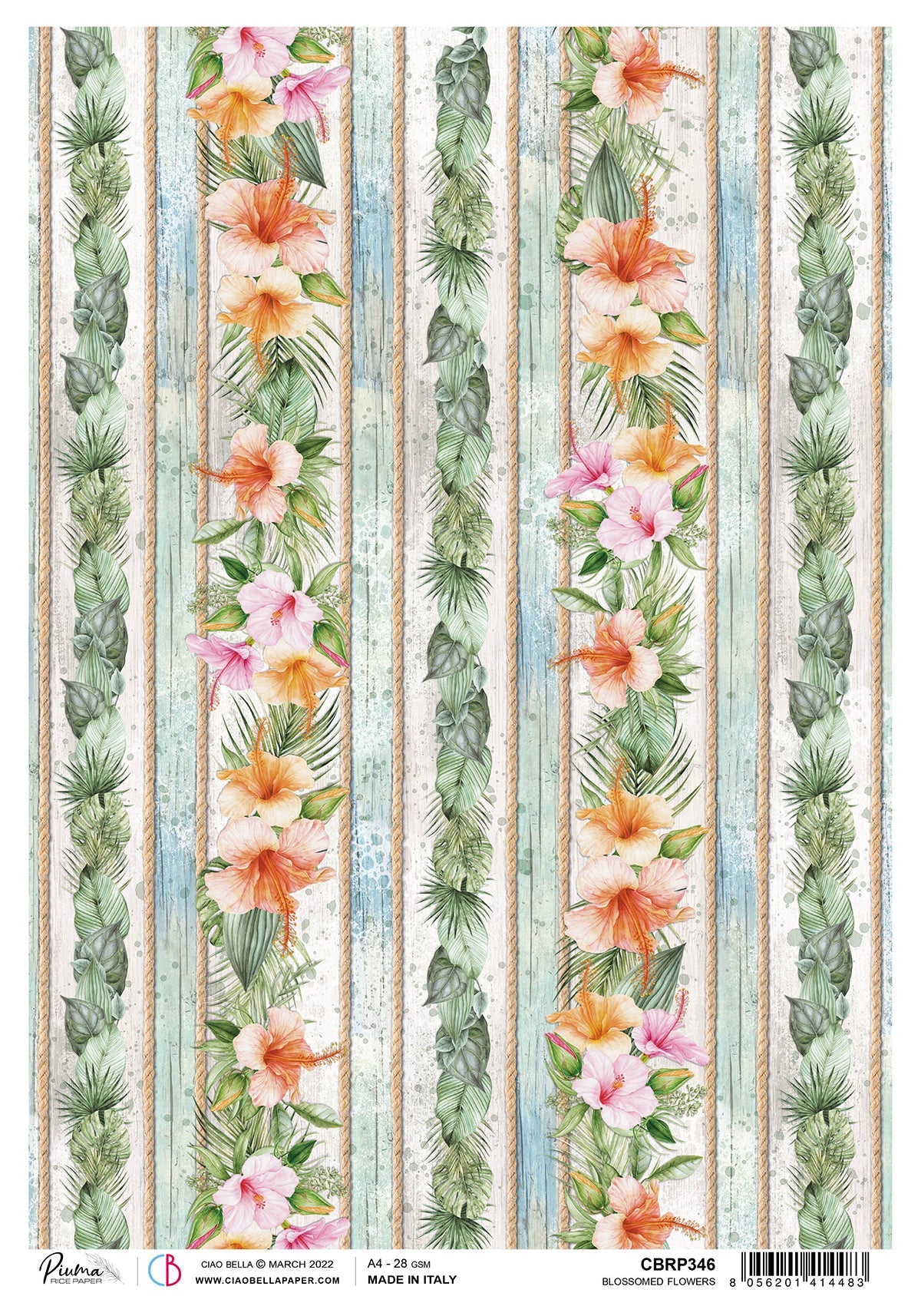 Ciao Bella Papier de Riz A4 Piuma Fleurs Épanouies - 5 Feuilles