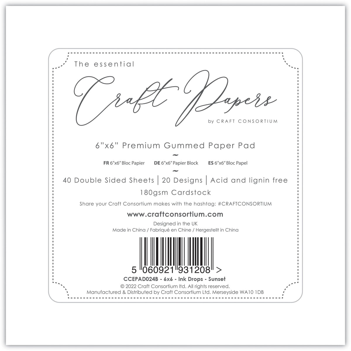 Bloc de papiers Premium Craft Consortium Ink Drops - Sunset 6x6