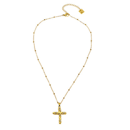 CHAMONIX Or : Collier chaîne fine perlée avec pendentif croix texturée incrustée de zircone