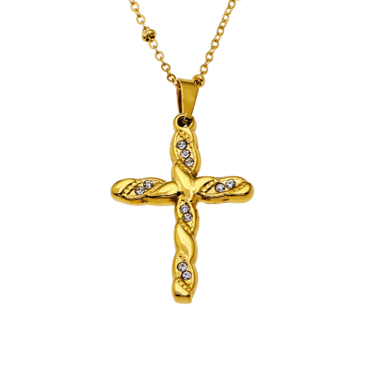 CHAMONIX Or : Collier chaîne fine perlée avec pendentif croix texturée incrustée de zircone