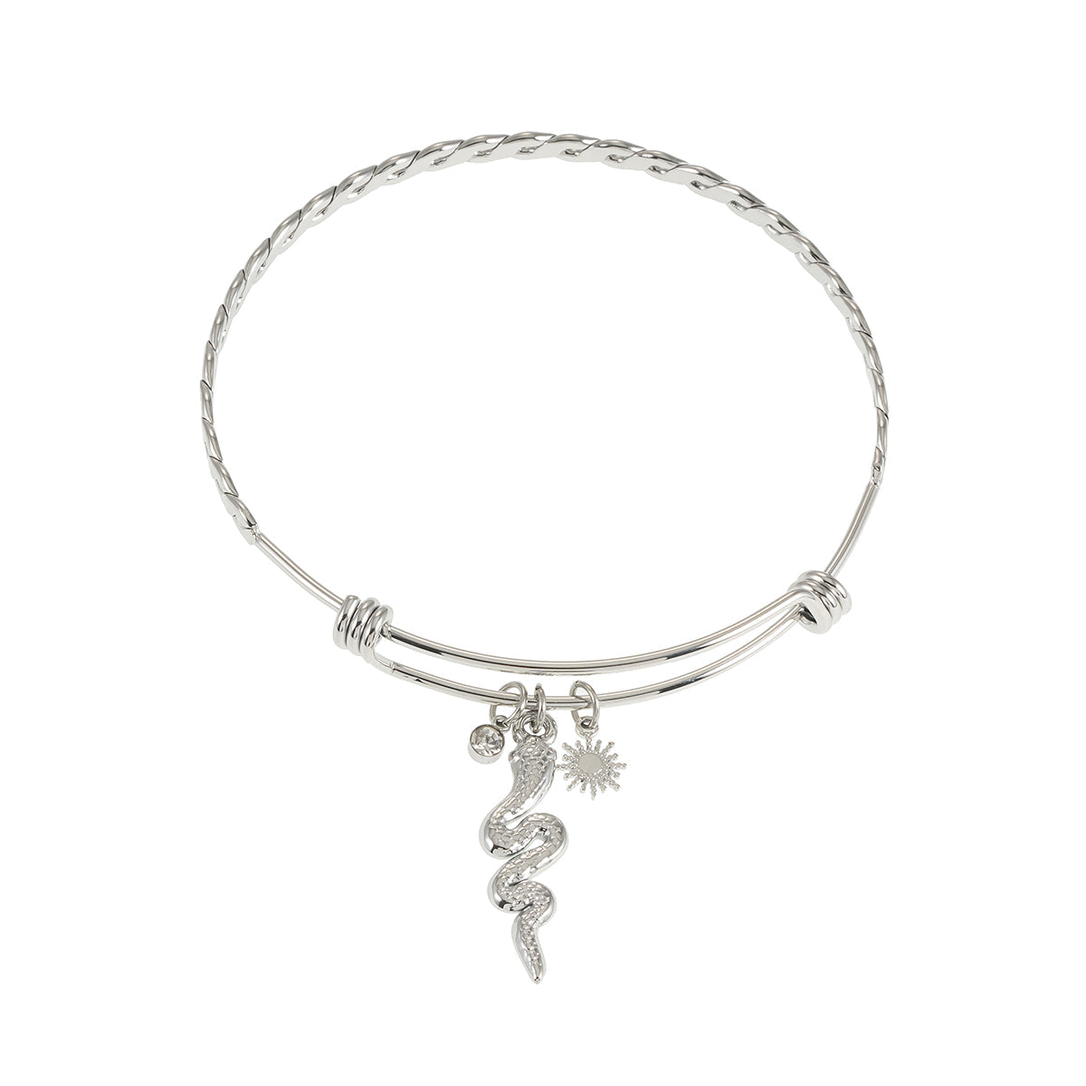 CATALINA Or Blanc (ton argenté) : Bracelet avec Breloques Serpent, Symbole Solaire et Zirconia (CZ).