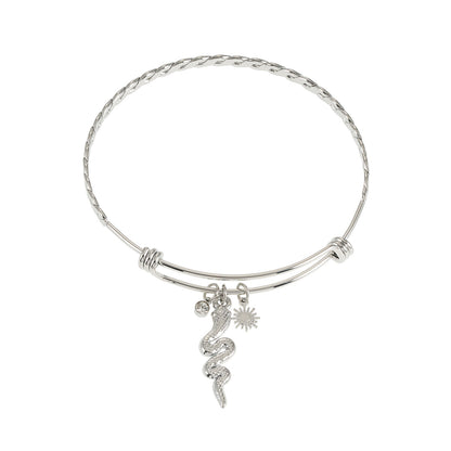 CATALINA Or Blanc (ton argenté) : Bracelet avec Breloques Serpent, Symbole Solaire et Zirconia (CZ).
