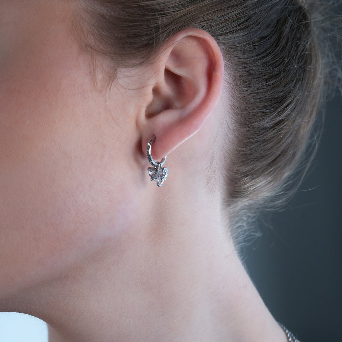 CREEDA White Gold (Silver Toned): Vintage Style Zirconia Embedded Hoops with Moissanite Heart Charm